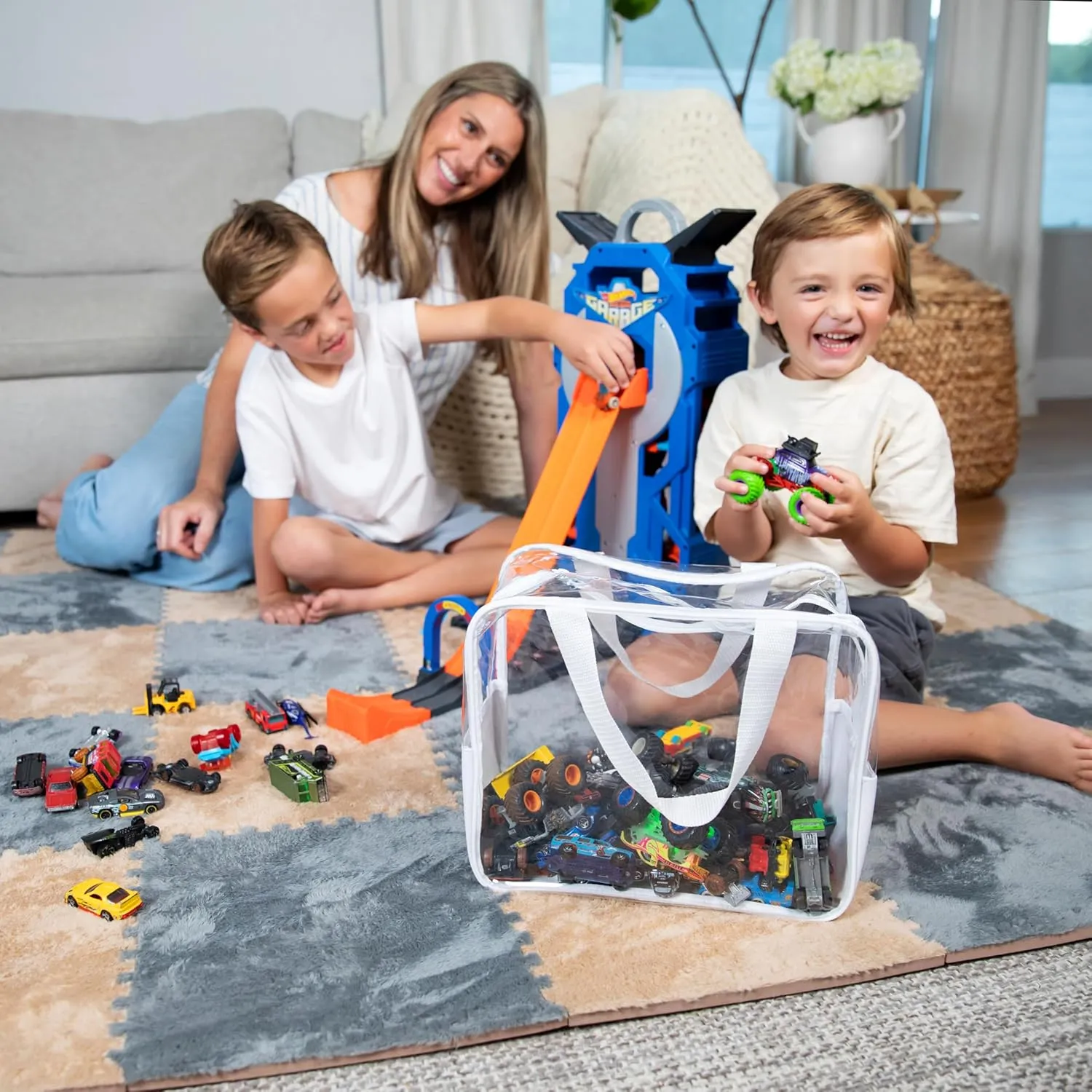 4 Piece Large Toy Storage Clear Bags with Heavy Duty Zipper 12"x10"x7" Plastic Bag Bins with Handle, Toy Organizer for Kids Playroom, Puzzle, Blocks, Crafts, Stuffed Animal Storage (White)