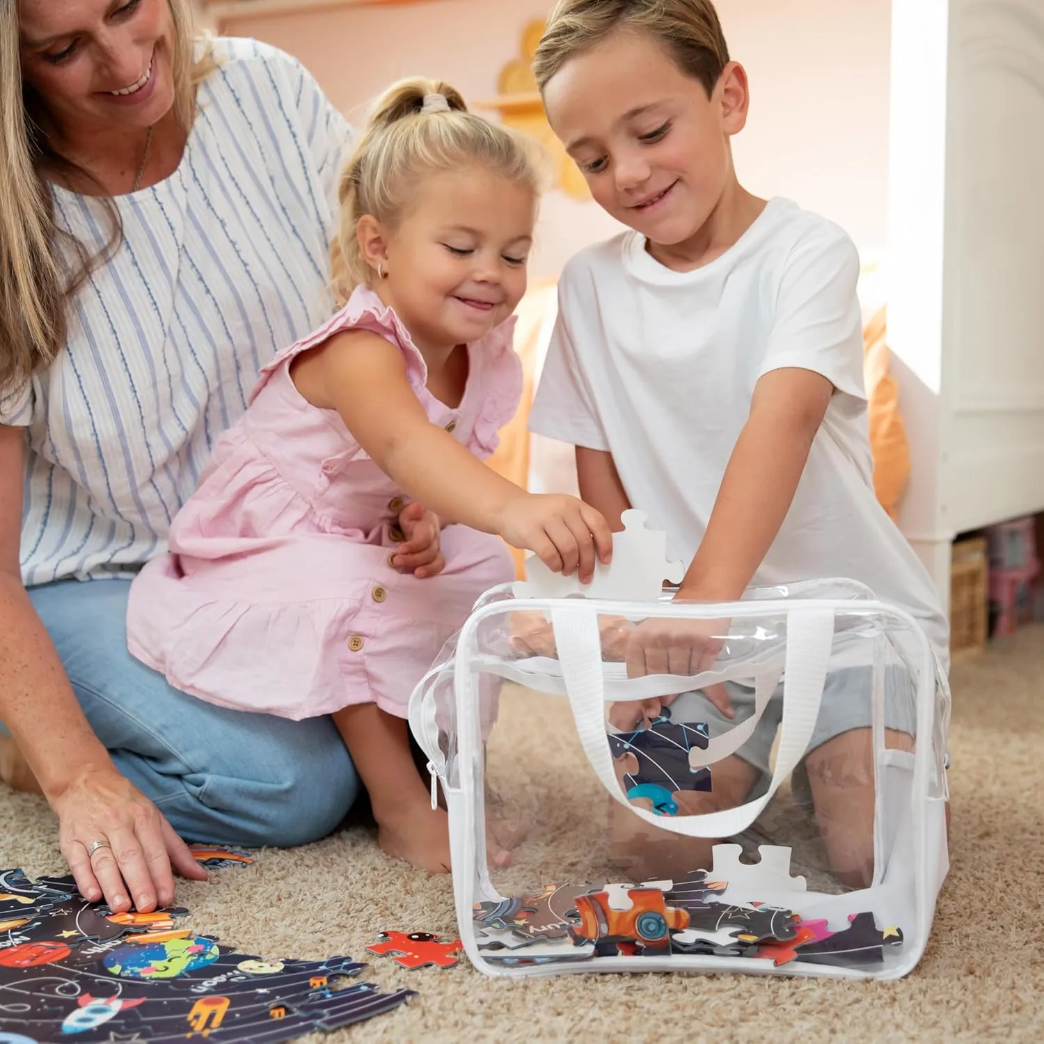 4 Piece Large Toy Storage Clear Bags with Heavy Duty Zipper 12"x10"x7" Plastic Bag Bins with Handle, Toy Organizer for Kids Playroom, Puzzle, Blocks, Crafts, Stuffed Animal Storage (White)