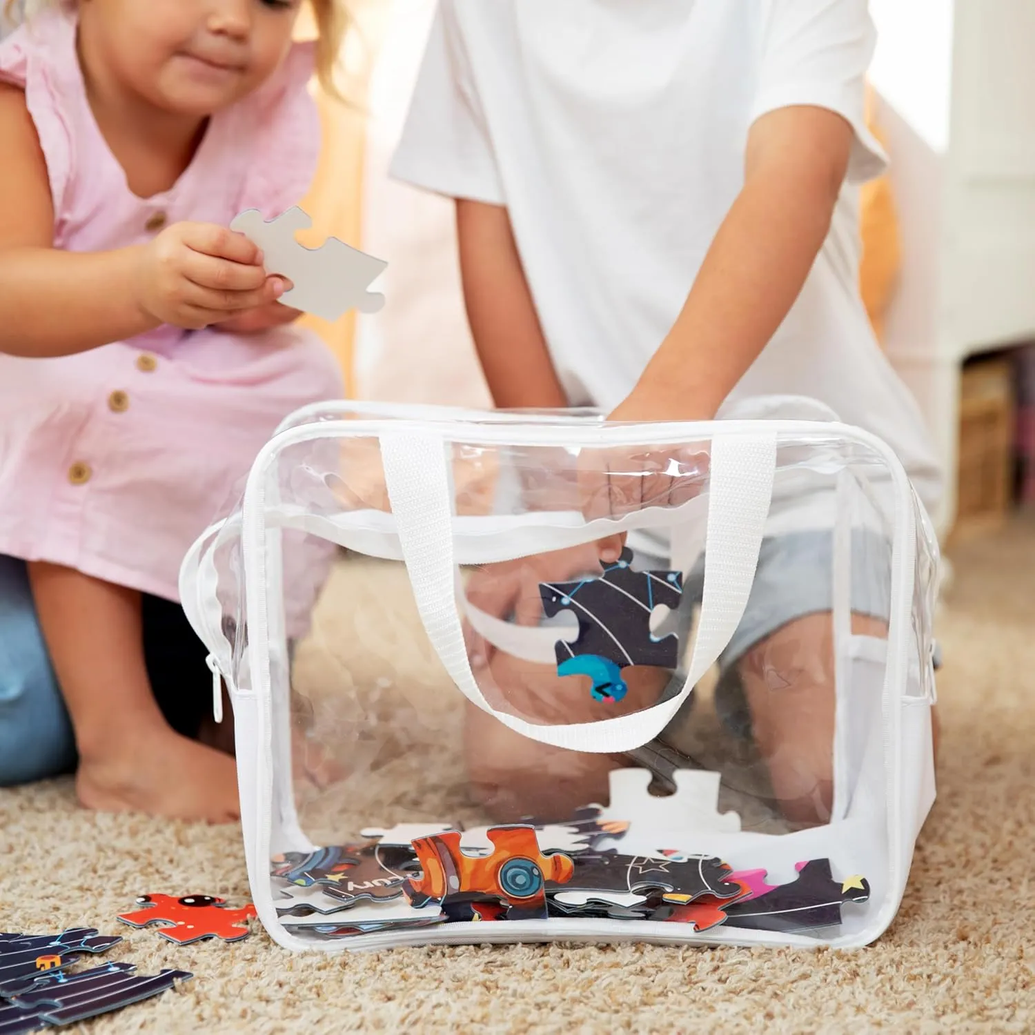 4 Piece Large Toy Storage Clear Bags with Heavy Duty Zipper 12"x10"x7" Plastic Bag Bins with Handle, Toy Organizer for Kids Playroom, Puzzle, Blocks, Crafts, Stuffed Animal Storage (White)