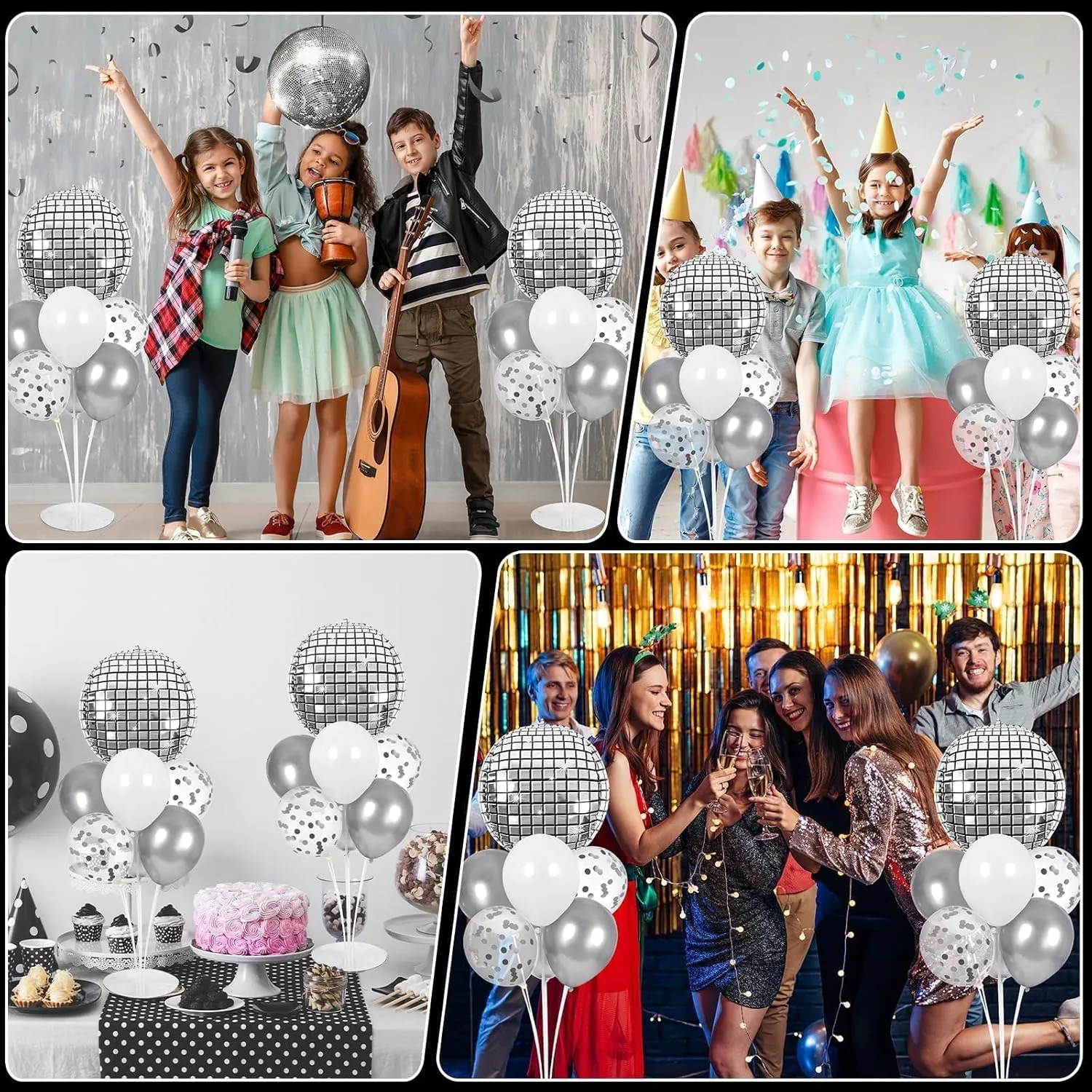 4 Sets Prom Silver Disco Ball Party Balloons Stand Kit with 4 Metallic Ball Foil Balloons Disco Themed Balloon 70s 80s 90s Dance Party Balloon Centerpiece for Tables Birthday Baby Shower Decorations