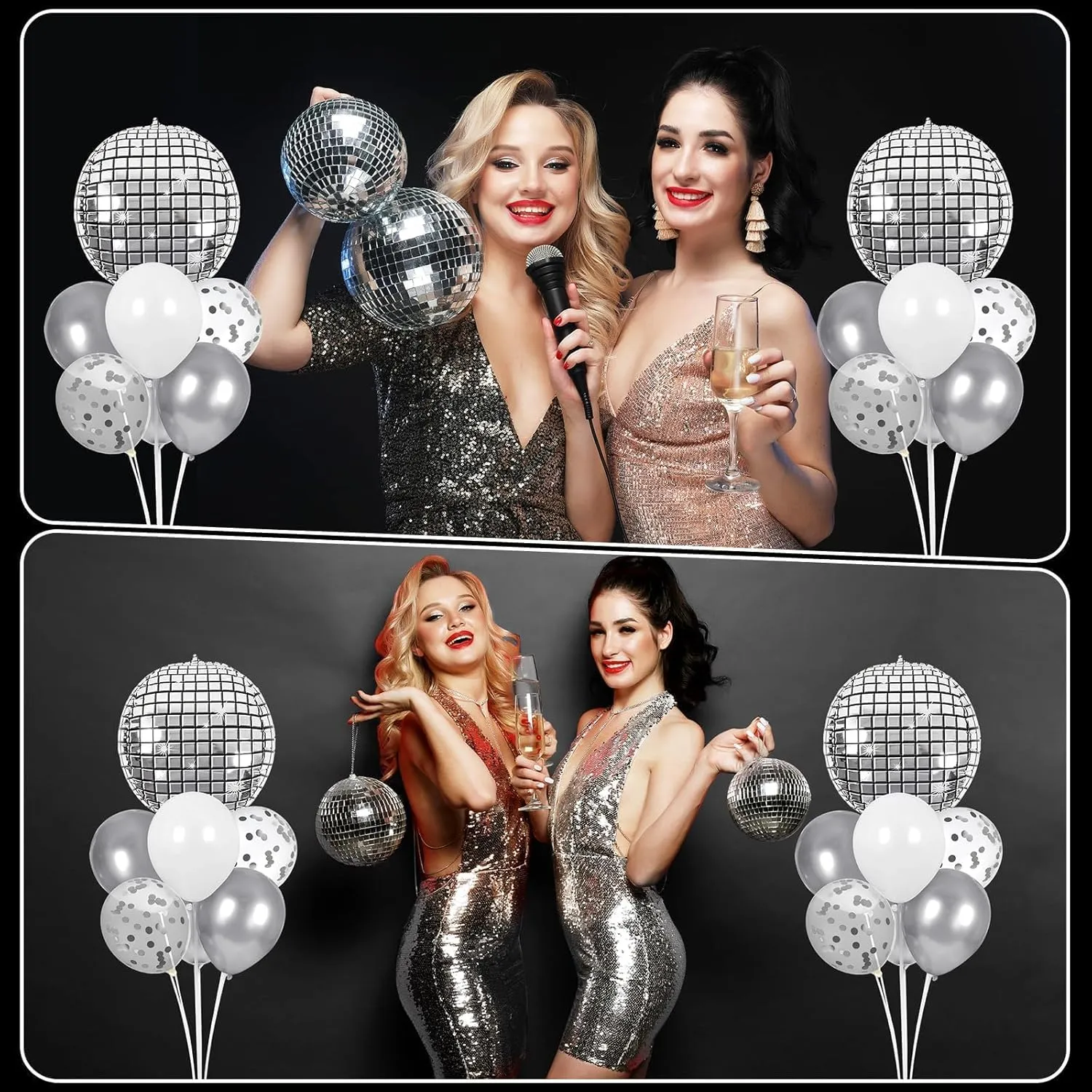 4 Sets Prom Silver Disco Ball Party Balloons Stand Kit with 4 Metallic Ball Foil Balloons Disco Themed Balloon 70s 80s 90s Dance Party Balloon Centerpiece for Tables Birthday Baby Shower Decorations