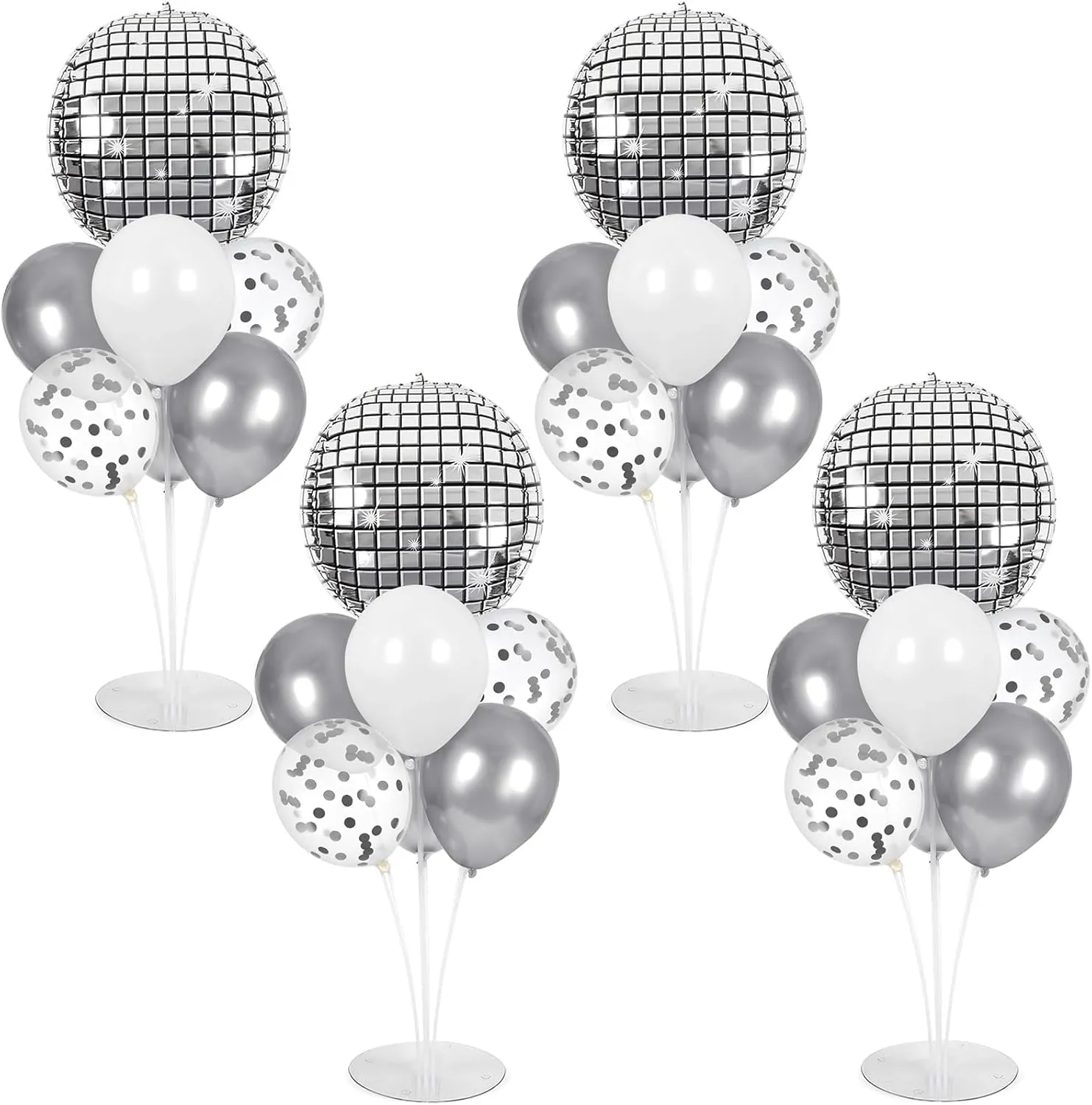 4 Sets Prom Silver Disco Ball Party Balloons Stand Kit with 4 Metallic Ball Foil Balloons Disco Themed Balloon 70s 80s 90s Dance Party Balloon Centerpiece for Tables Birthday Baby Shower Decorations