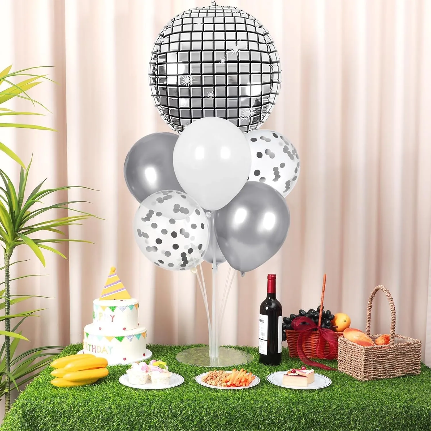 4 Sets Prom Silver Disco Ball Party Balloons Stand Kit with 4 Metallic Ball Foil Balloons Disco Themed Balloon 70s 80s 90s Dance Party Balloon Centerpiece for Tables Birthday Baby Shower Decorations