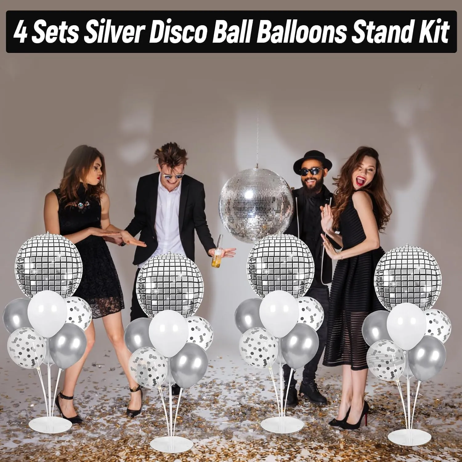 4 Sets Prom Silver Disco Ball Party Balloons Stand Kit with 4 Metallic Ball Foil Balloons Disco Themed Balloon 70s 80s 90s Dance Party Balloon Centerpiece for Tables Birthday Baby Shower Decorations