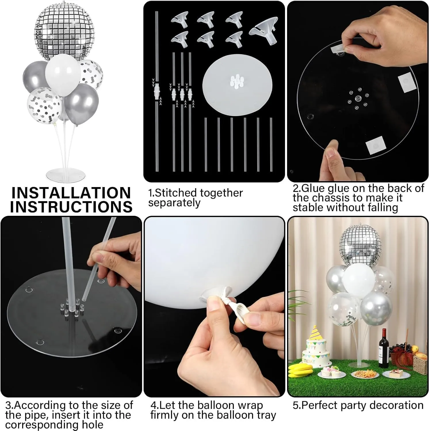 4 Sets Prom Silver Disco Ball Party Balloons Stand Kit with 4 Metallic Ball Foil Balloons Disco Themed Balloon 70s 80s 90s Dance Party Balloon Centerpiece for Tables Birthday Baby Shower Decorations