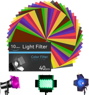 40 Pcs Color Correction Gel Light Filter, 10 Colors A4 Size, Transparency Color Film Plastic Sheets Colored Overlays Color Lighting Gel Filter