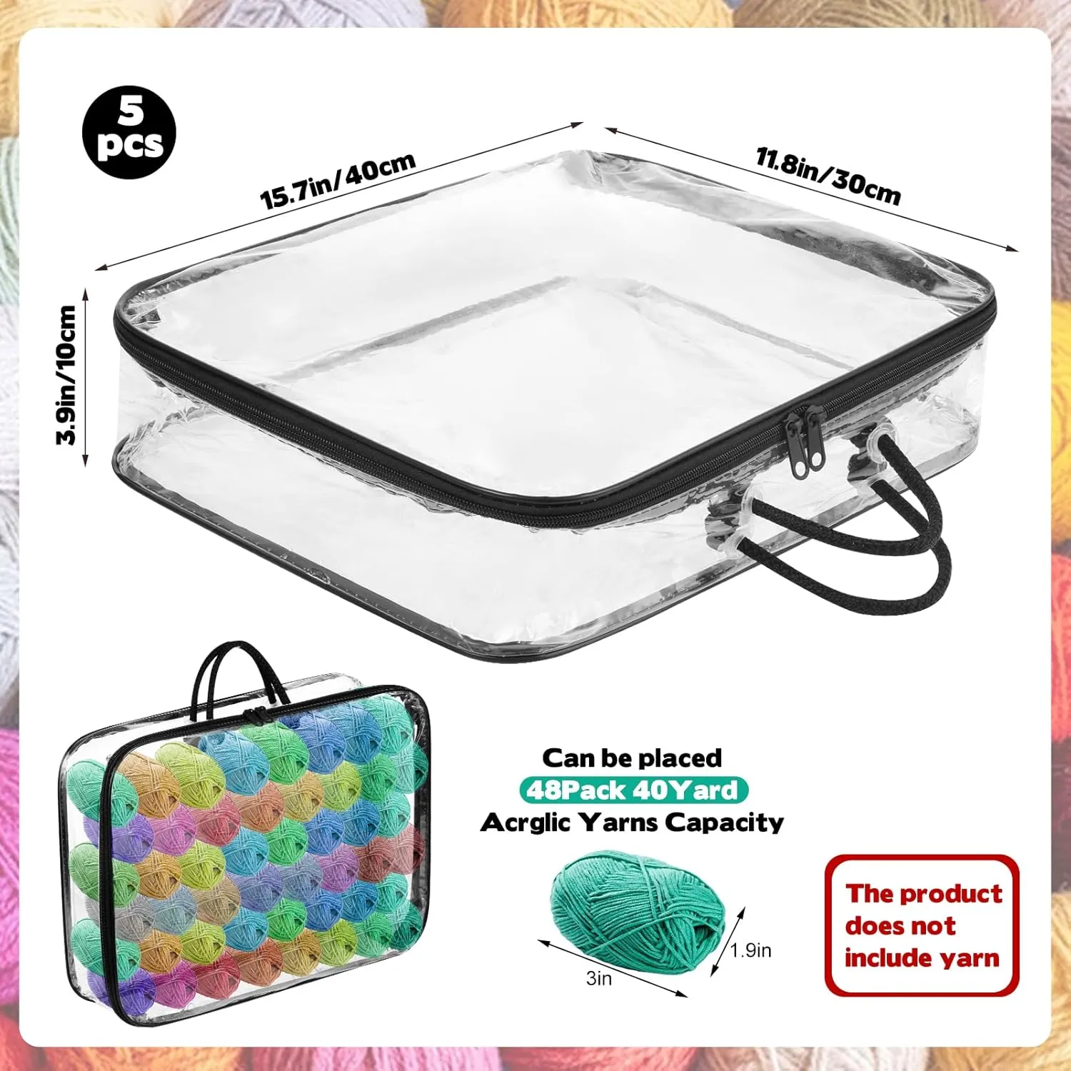 5 Pack Clear Yarn Storage Bags, 12x16x4 Inches Yarn Storage Organizer Tote Bag for Knitting Needles Crochet Hooks Yarn Balls Yarn and Unfinished Project