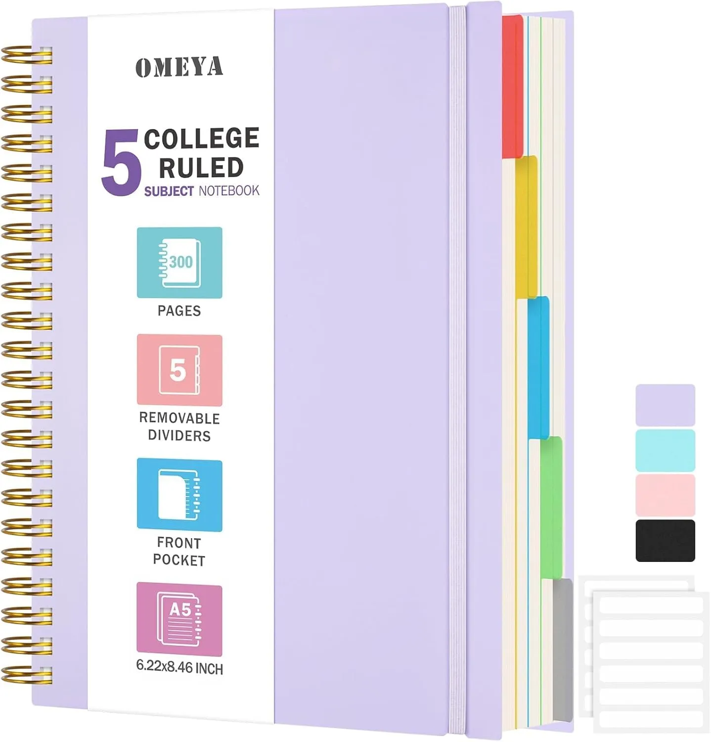 5 Subject Notebooks College Ruled, Spiral Lined Notebook with Removable Dividers, 300 Pages 100GSM Thick Spiral Writing Journal for Women & Men, Large A5 Notebooks for Work, School Supplies, 6" x 8"
