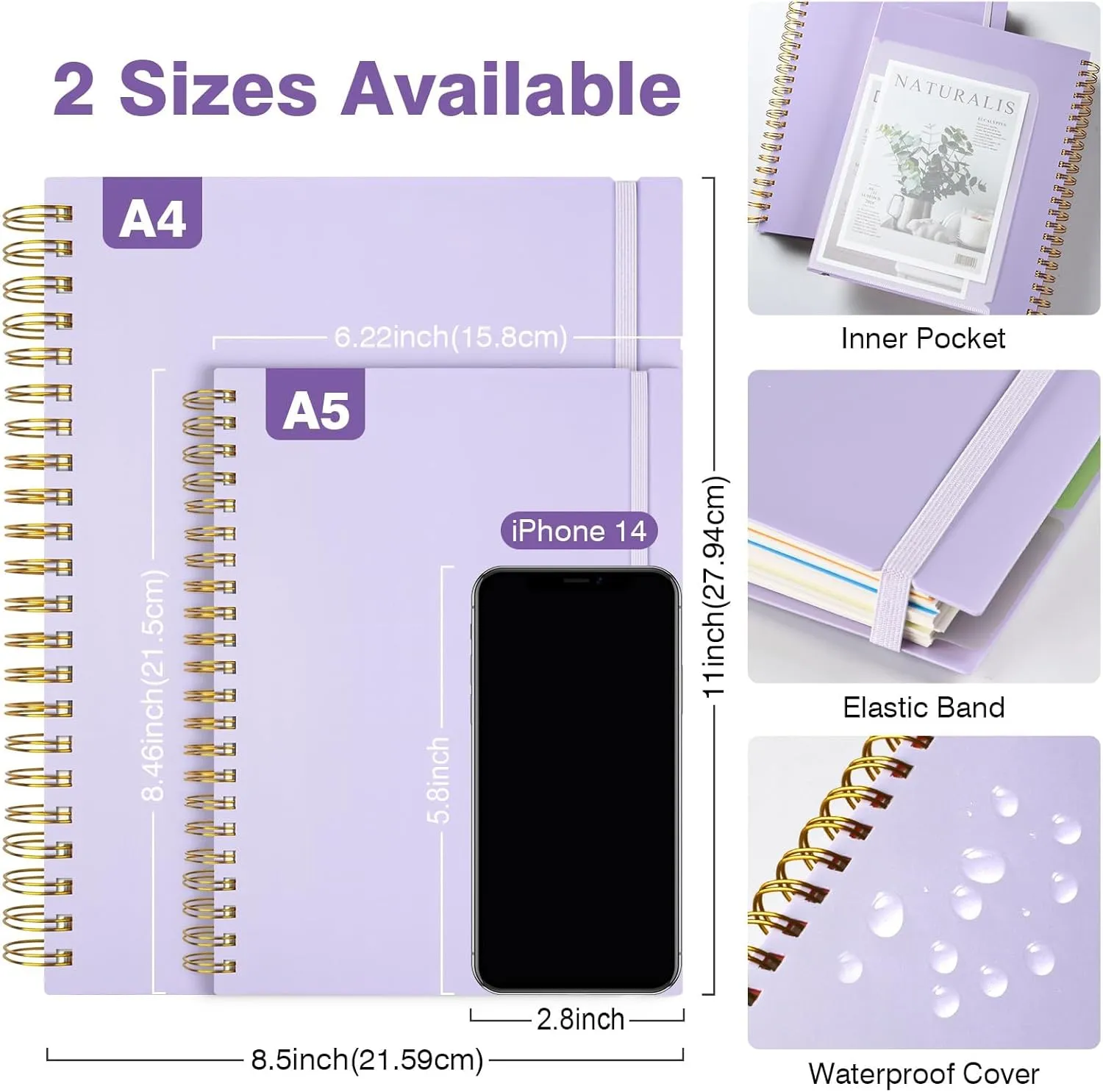 5 Subject Notebooks College Ruled, Spiral Lined Notebook with Removable Dividers, 300 Pages 100GSM Thick Spiral Writing Journal for Women & Men, Large A5 Notebooks for Work, School Supplies, 6" x 8"