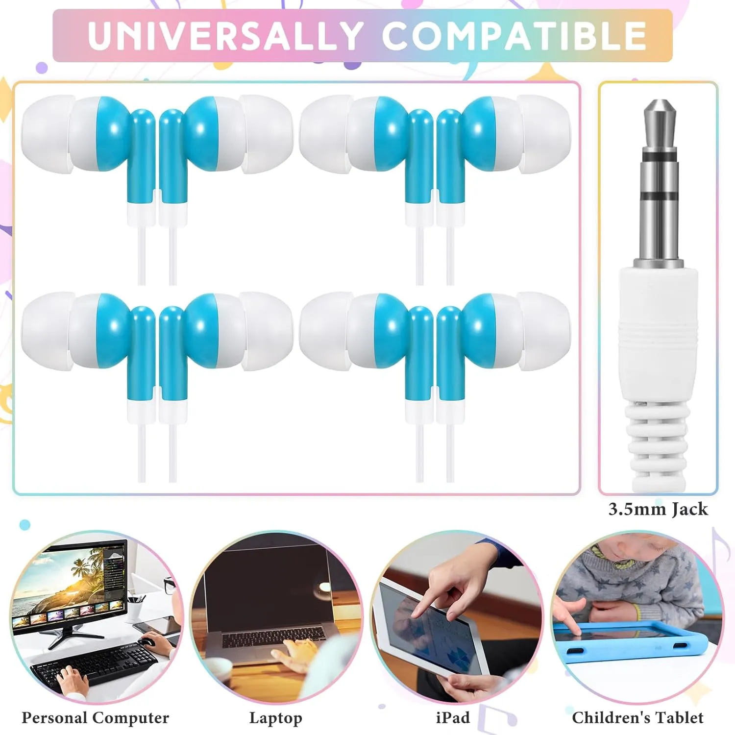 50 Pack Earbud Bulk Headphone Earphone Earbud with Wire Individually Bagged Wired in Ear Buds(Sky Blue)