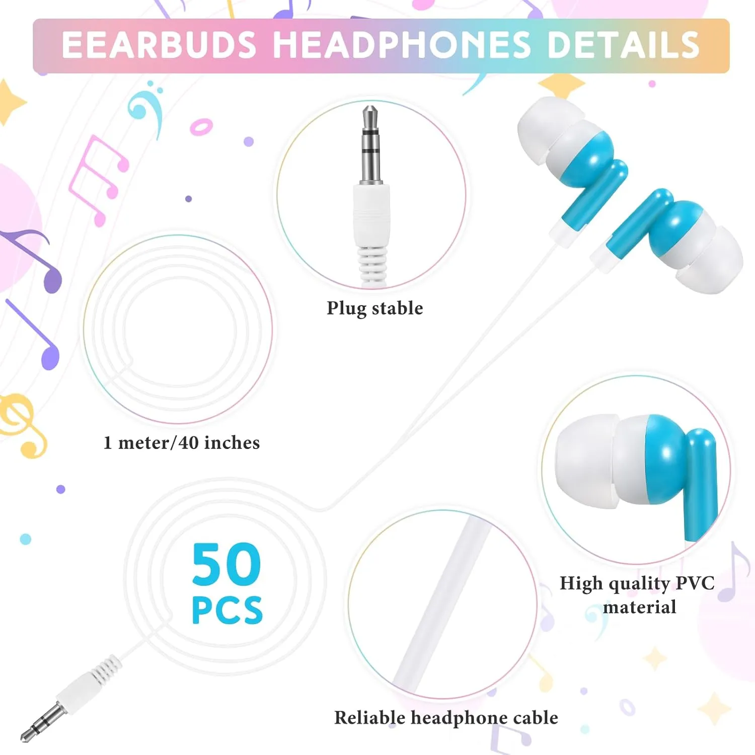 50 Pack Earbud Bulk Headphone Earphone Earbud with Wire Individually Bagged Wired in Ear Buds(Sky Blue)
