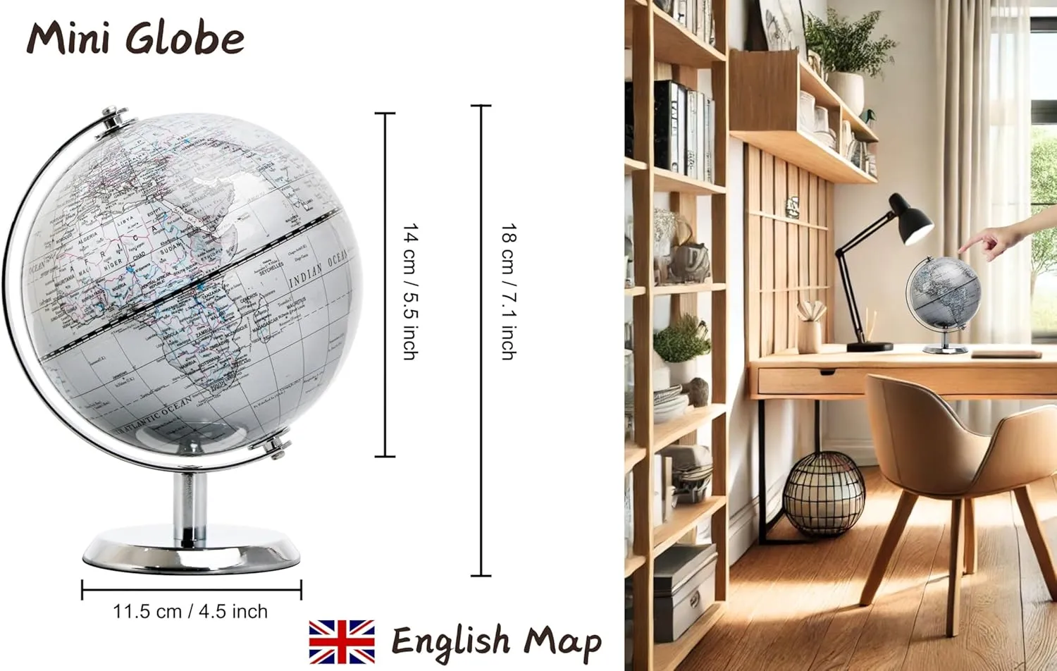 5.5'' World Globe Silver - English Map - Mini Globe Educational/Geographic - Stainless Steel Arc and Base - Silver Grey