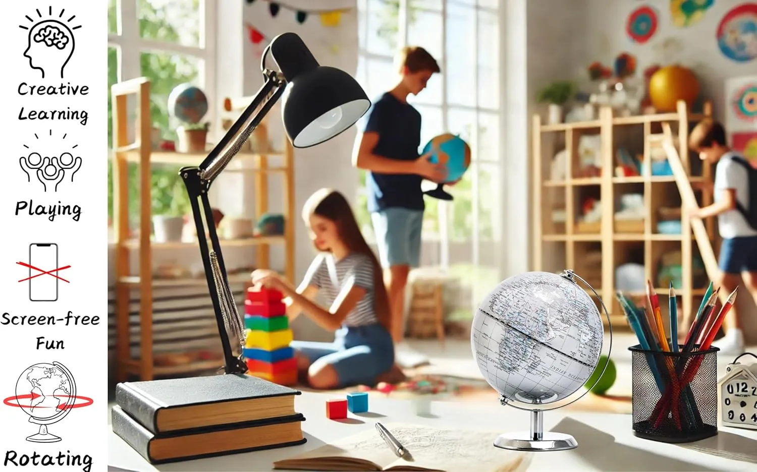 5.5'' World Globe Silver - English Map - Mini Globe Educational/Geographic - Stainless Steel Arc and Base - Silver Grey