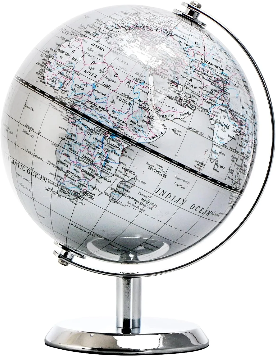 5.5'' World Globe Silver - English Map - Mini Globe Educational/Geographic - Stainless Steel Arc and Base - Silver Grey