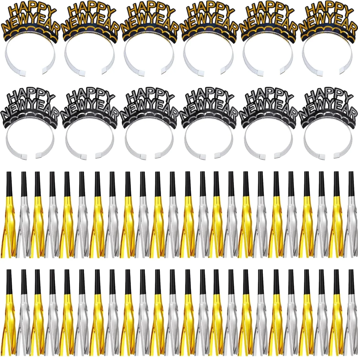 60 Pieces New Years Eve Party Supplies 2025, Happy New Year Headband, Metallic Fringed Noise Makers for New Year Party Decorations Favors