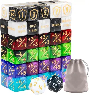 62 PCS MTG Dice Counters Set Keyword Tokens Abilities Life Counter 1/ 1 counters Commander Buff Tokens Gold 6 Sided Dice Set for MTG, TCG, Card Games