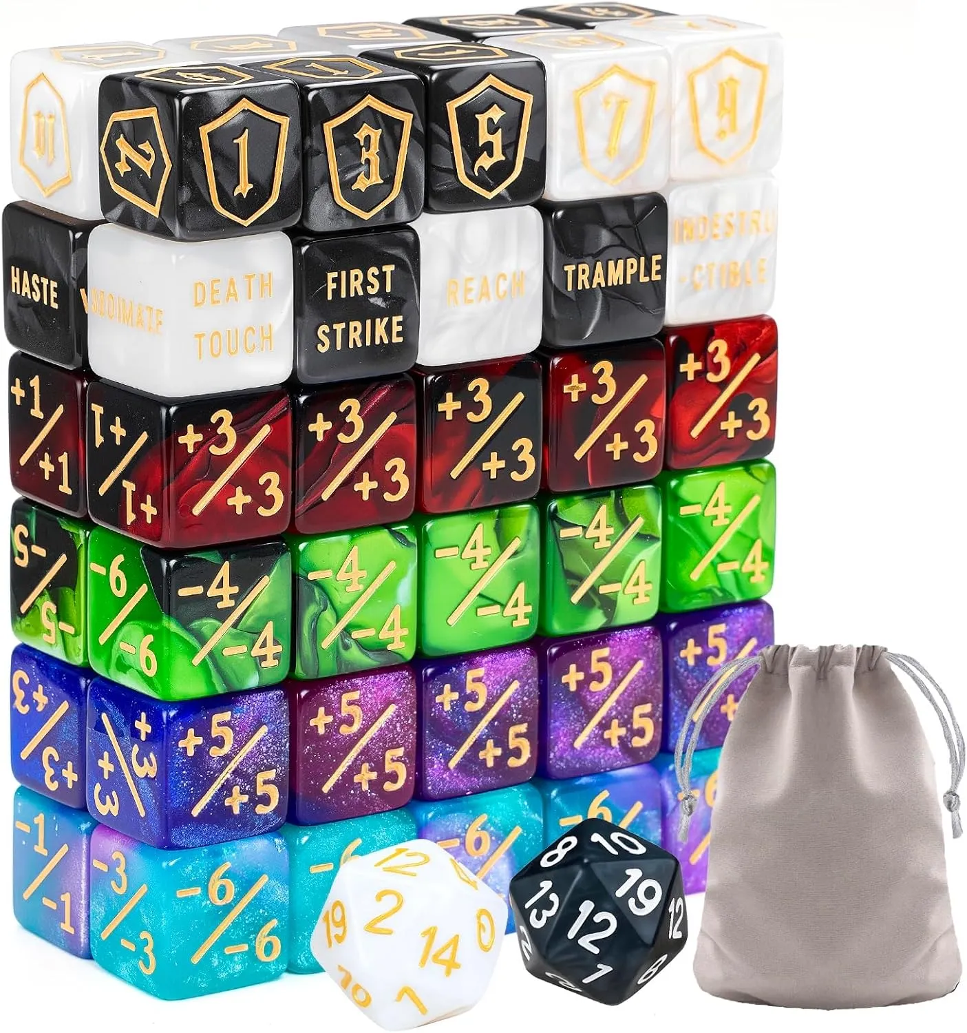 62 PCS MTG Dice Counters Set Keyword Tokens Abilities Life Counter 1/ 1 counters Commander Buff Tokens Gold 6 Sided Dice Set for MTG, TCG, Card Games