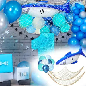 63 Pcs Shark Birthday Party Decorations Including 1 Inflatable Shark Balloons 2 Natural Decorative Fish Net 60 Balloons for Under The Sea Ocean Theme Party Supplies