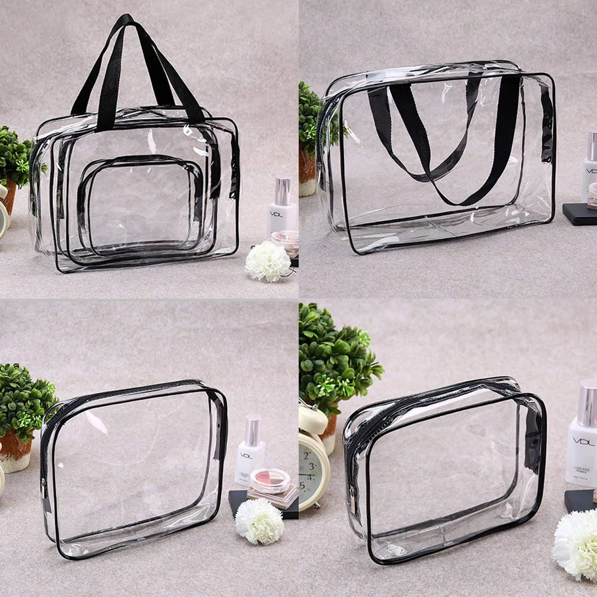 6Pcs Crystal Clear PVC Travel Toiletry Bag Kit for Women Men, Waterproof Vinyl Packing Organizer Storage Bags with Zipper Handle Straps, Cosmetic Pouch Carry on Airport Airline Compliant Bag Handbag