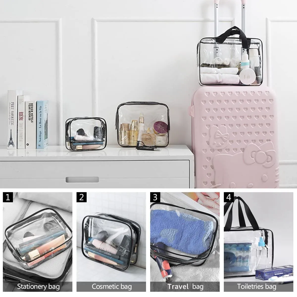 6Pcs Crystal Clear PVC Travel Toiletry Bag Kit for Women Men, Waterproof Vinyl Packing Organizer Storage Bags with Zipper Handle Straps, Cosmetic Pouch Carry on Airport Airline Compliant Bag Handbag