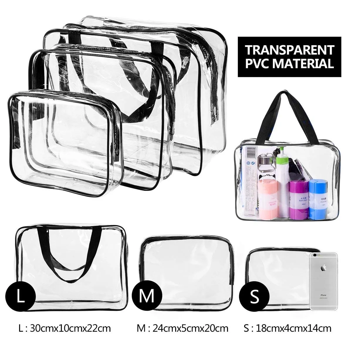 6Pcs Crystal Clear PVC Travel Toiletry Bag Kit for Women Men, Waterproof Vinyl Packing Organizer Storage Bags with Zipper Handle Straps, Cosmetic Pouch Carry on Airport Airline Compliant Bag Handbag