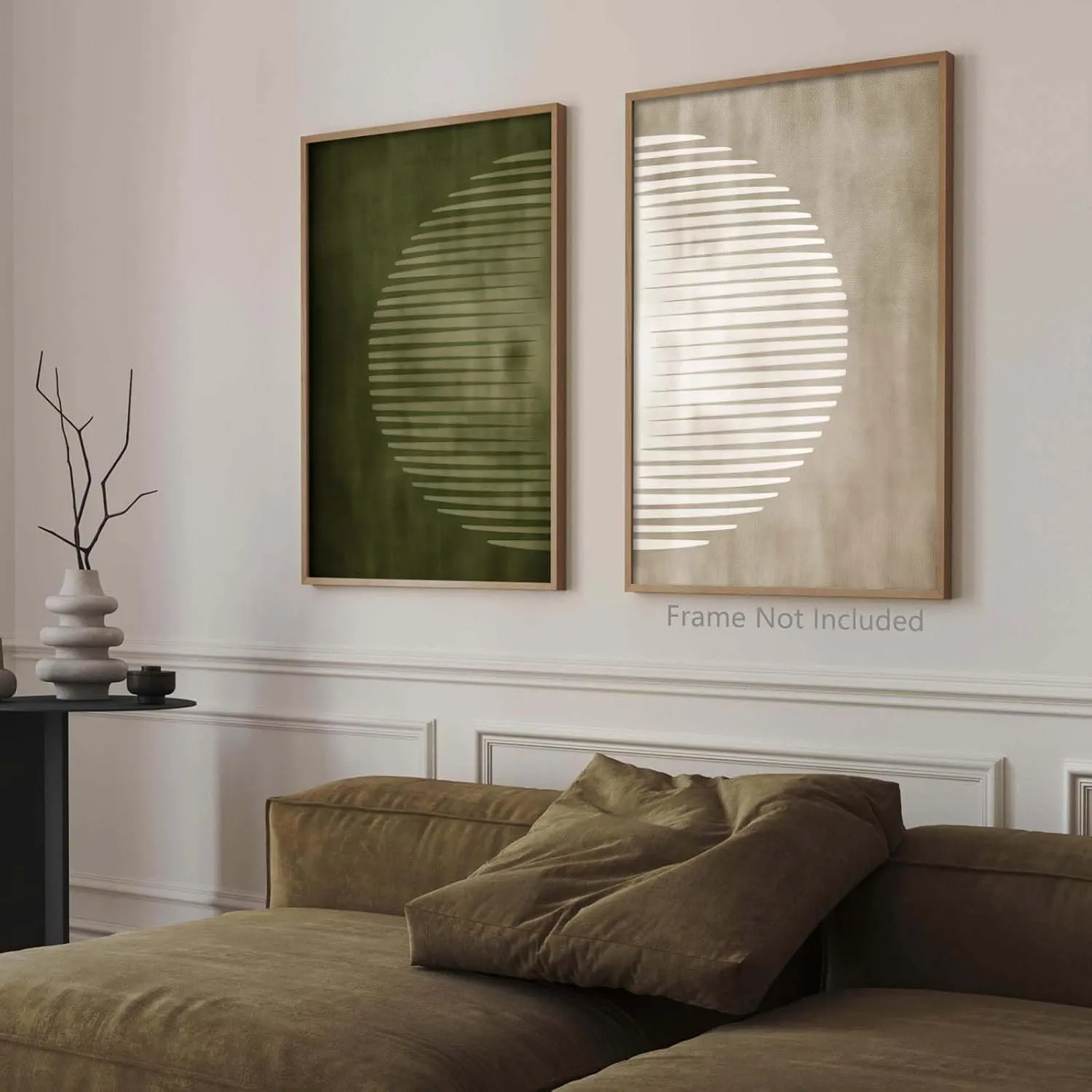 Abstract Green Canvas Wall Art Neutral Painting Green and Beige Abstract Wall Art Dark Green Painting Geometric Abstract Poster Print for Living Room 16x24inch (Set of 2) Frameless