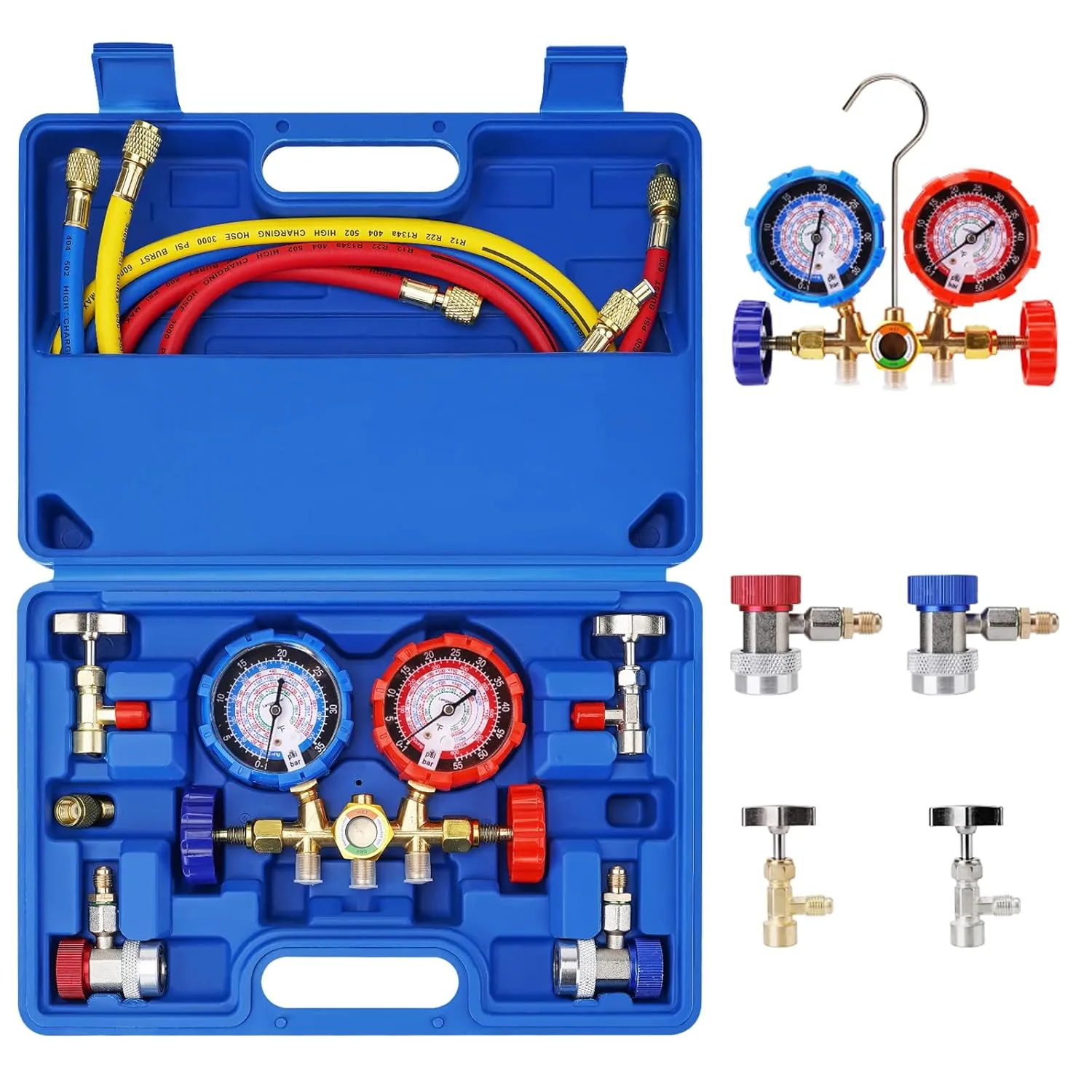 AC Gauges, AC Manifold Gauge Set for R134a R12 R22 R502, 3 Way Automotive AC Gauge Set with Antishock Gauges Hoses Couplers Adapter, Puncturing Can Tap Freon Recharge Kit