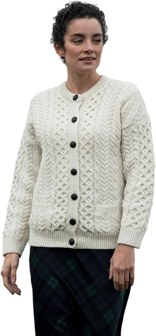 Achill Women's Irish Cable Knit Aran Cardigan, 100% Merino Wool, Made in Ireland