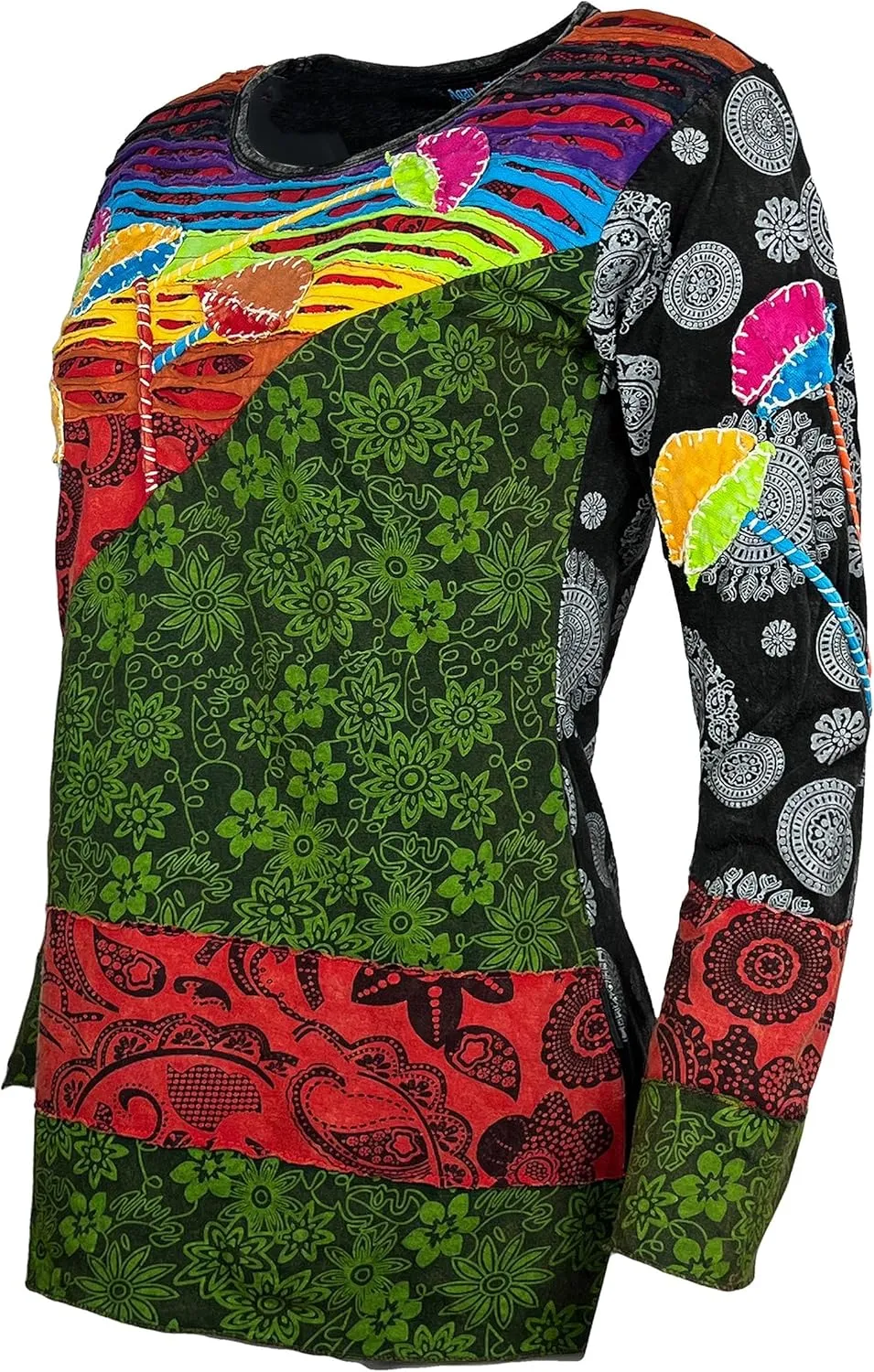 Agan Traders 2025 Spring Boho Light Knit Cotton Patch Stem Floral Printed Long Sleeve Top Blouse for Women