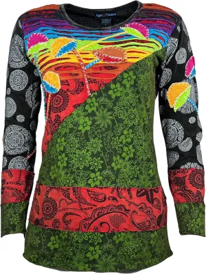 Agan Traders 2025 Spring Boho Light Knit Cotton Patch Stem Floral Printed Long Sleeve Top Blouse for Women