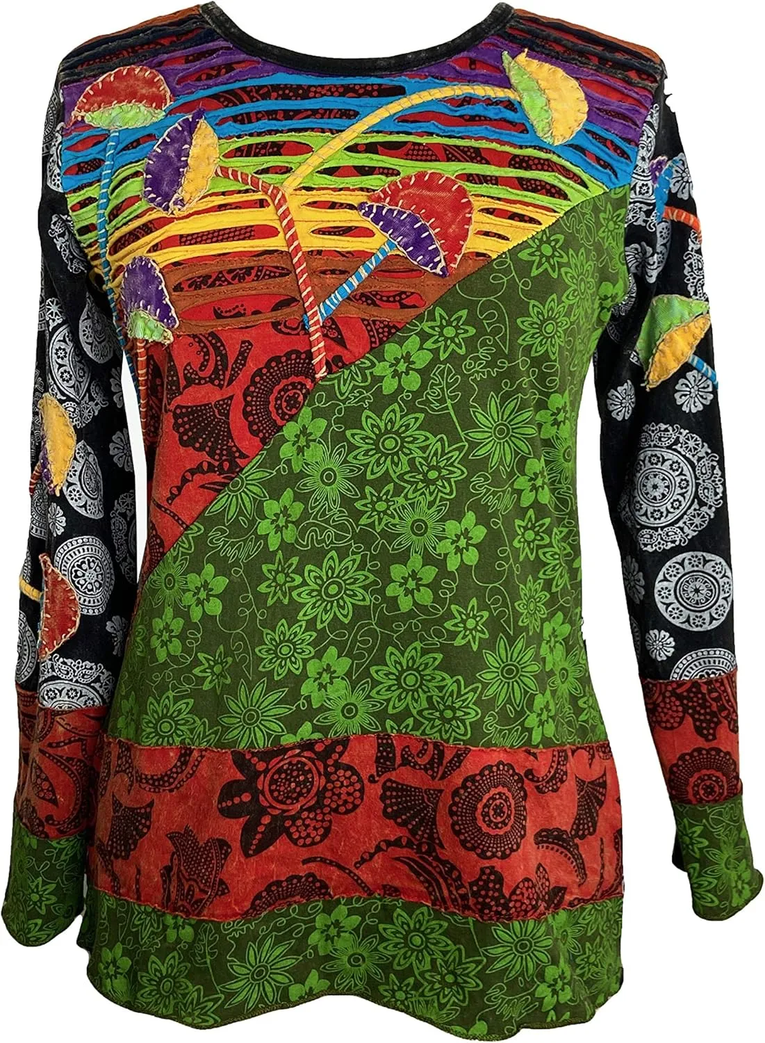 Agan Traders 2025 Spring Boho Light Knit Cotton Patch Stem Floral Printed Long Sleeve Top Blouse for Women
