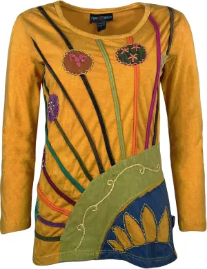 Agan Traders 2025 Spring Boho Light Knit Cotton Patch Stem Floral Printed Long Sleeve Top Blouse for Women