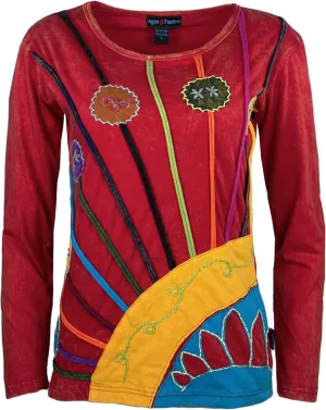 Agan Traders 2025 Spring Boho Light Knit Cotton Patch Stem Floral Printed Long Sleeve Top Blouse for Women
