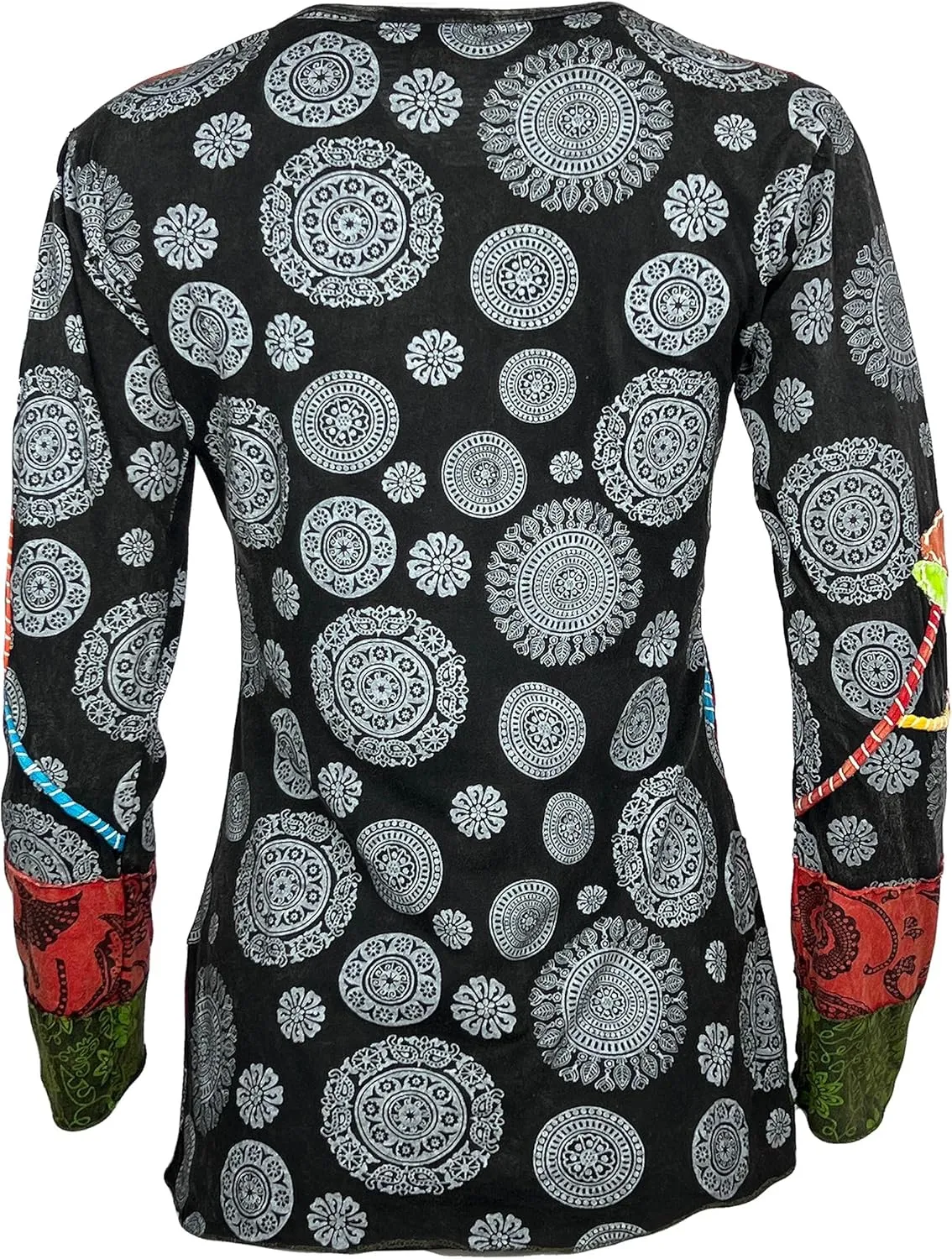 Agan Traders 2025 Spring Boho Light Knit Cotton Patch Stem Floral Printed Long Sleeve Top Blouse for Women