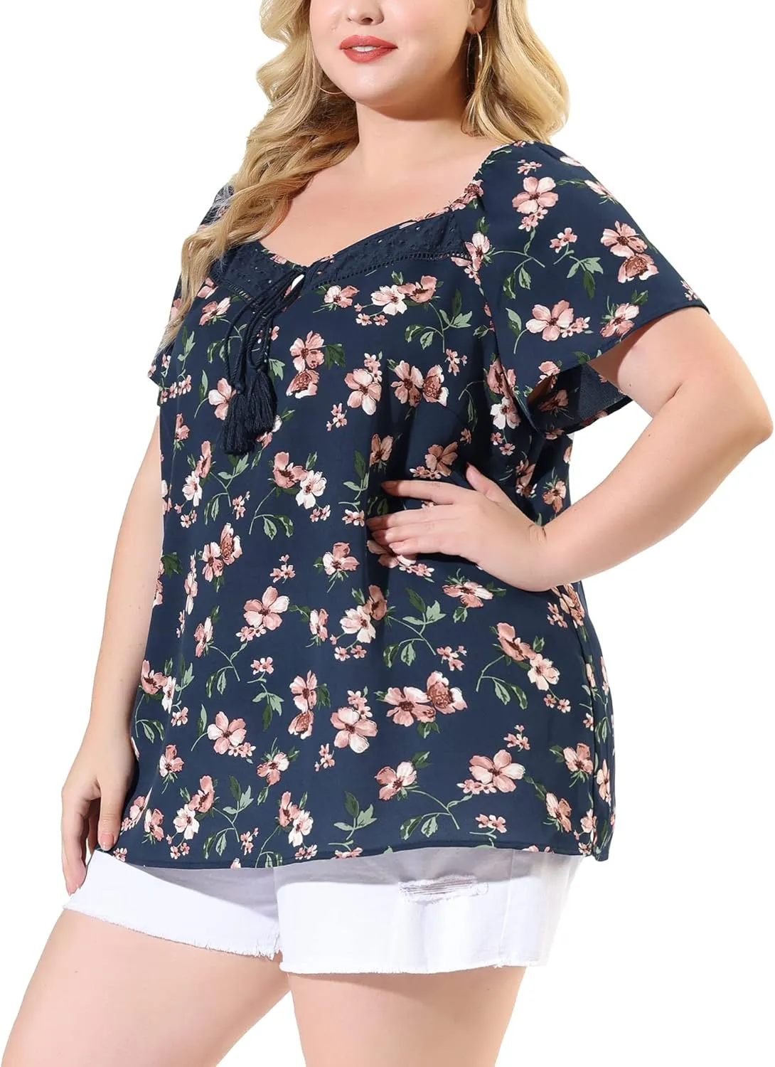 Agnes Orinda Plus Size Blouse for Women Short Sleeve Tie Neck Floral Print Casual Blouses Tops
