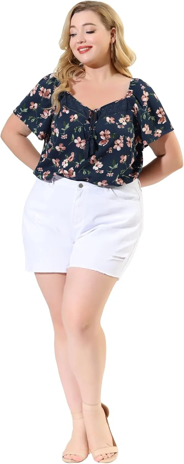 Agnes Orinda Plus Size Blouse for Women Short Sleeve Tie Neck Floral Print Casual Blouses Tops