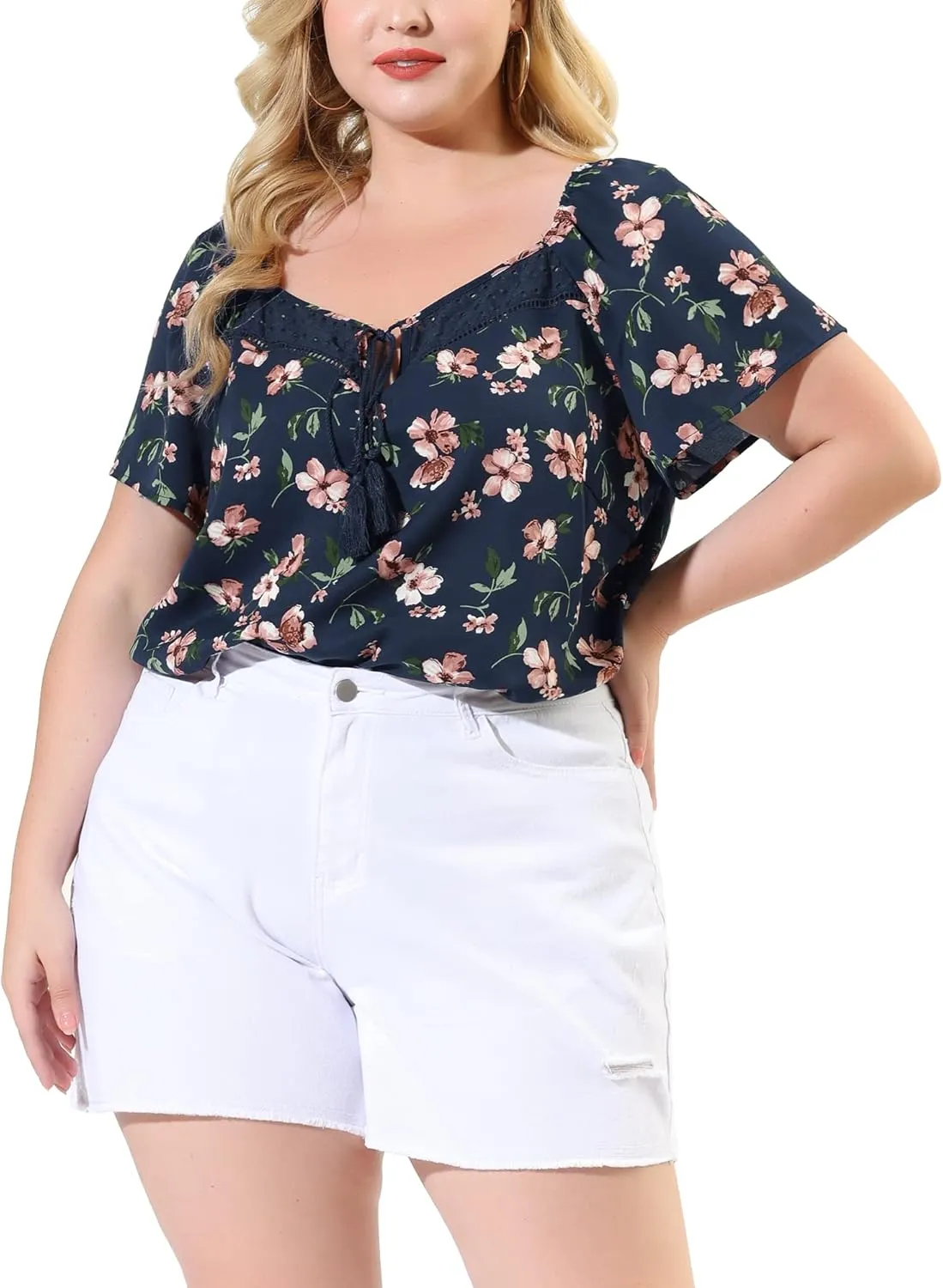 Agnes Orinda Plus Size Blouse for Women Short Sleeve Tie Neck Floral Print Casual Blouses Tops