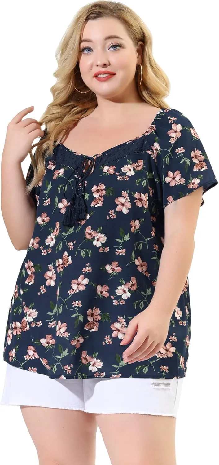 Agnes Orinda Plus Size Blouse for Women Short Sleeve Tie Neck Floral Print Casual Blouses Tops