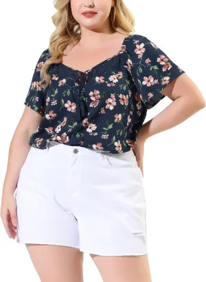 Agnes Orinda Plus Size Blouse for Women Short Sleeve Tie Neck Floral Print Casual Blouses Tops