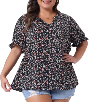 Agnes Orinda Plus Size Summer Tops for Women Floral V Neck Ruffle Puff Short Sleeve Casual Blouse