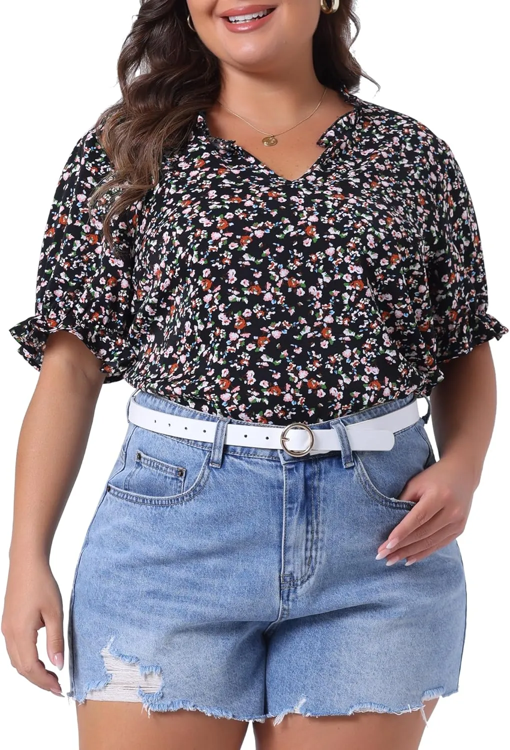 Agnes Orinda Plus Size Summer Tops for Women Floral V Neck Ruffle Puff Short Sleeve Casual Blouse