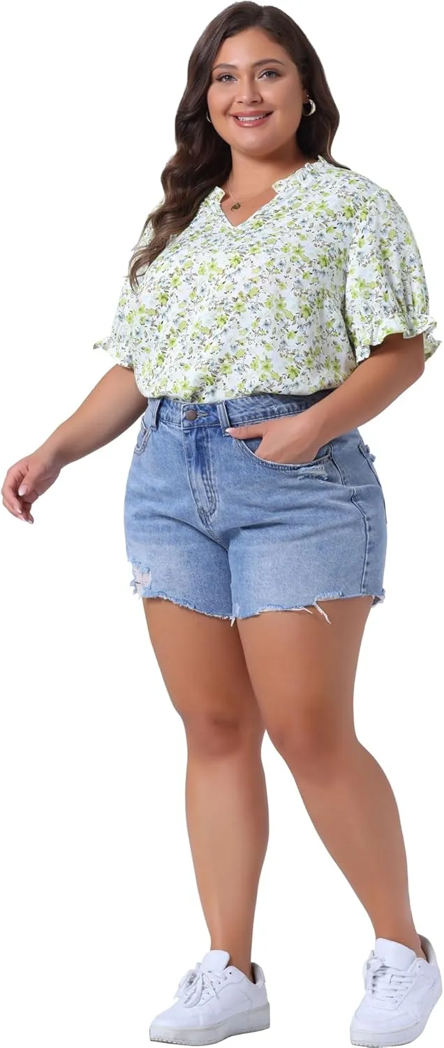 Agnes Orinda Plus Size Summer Tops for Women Floral V Neck Ruffle Puff Short Sleeve Casual Blouse