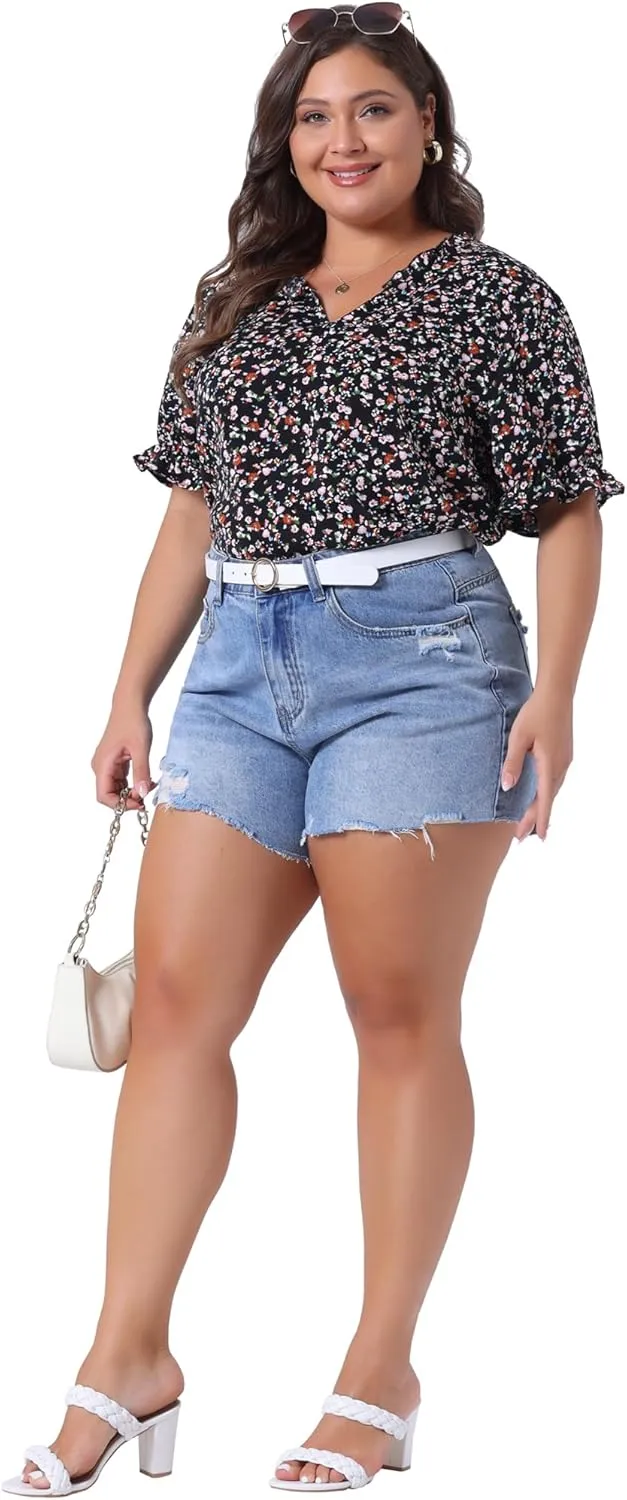 Agnes Orinda Plus Size Summer Tops for Women Floral V Neck Ruffle Puff Short Sleeve Casual Blouse