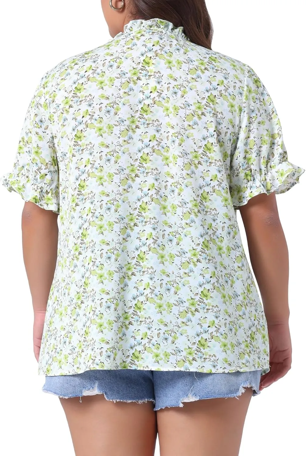 Agnes Orinda Plus Size Summer Tops for Women Floral V Neck Ruffle Puff Short Sleeve Casual Blouse