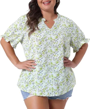 Agnes Orinda Plus Size Summer Tops for Women Floral V Neck Ruffle Puff Short Sleeve Casual Blouse