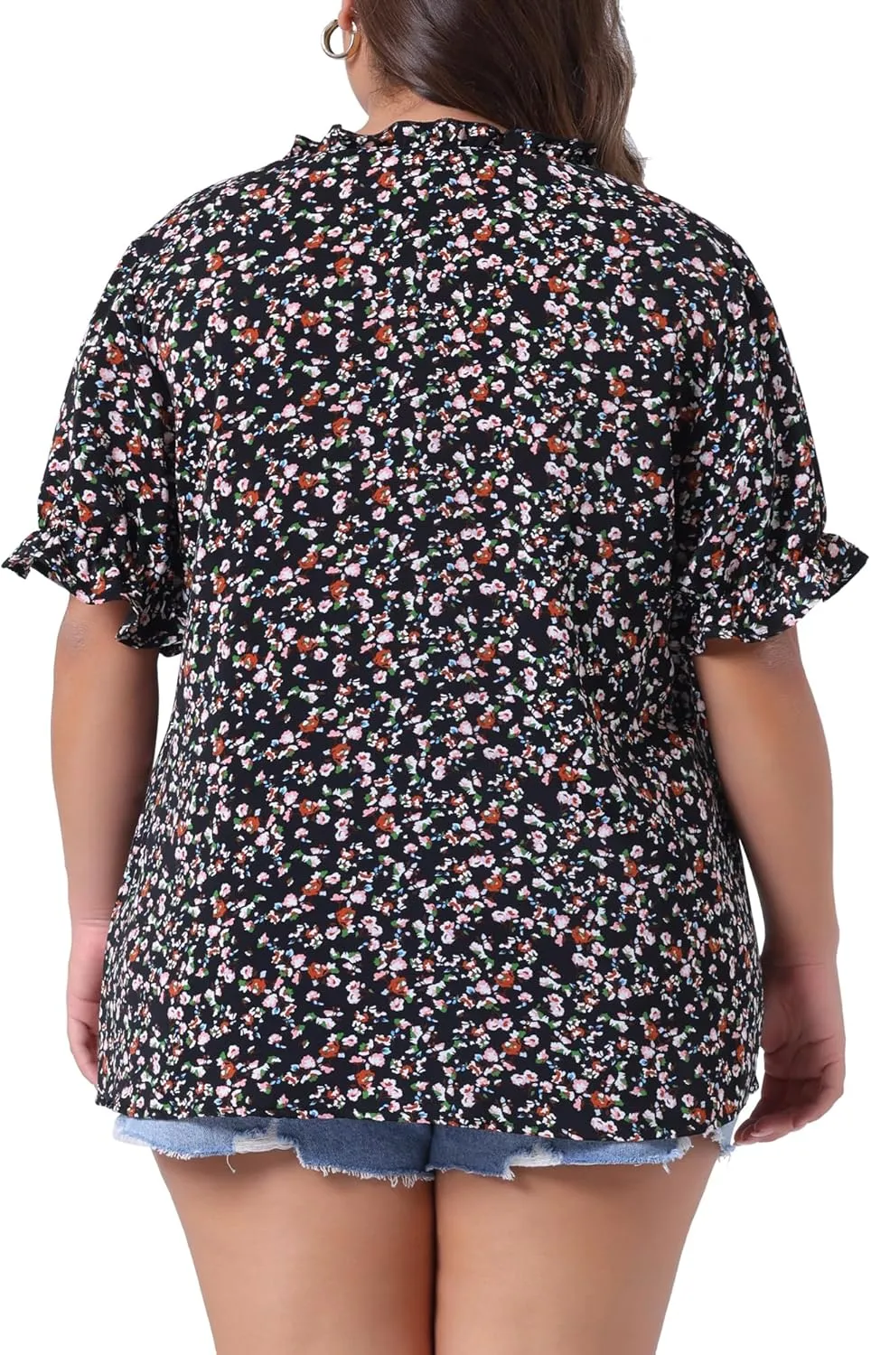 Agnes Orinda Plus Size Summer Tops for Women Floral V Neck Ruffle Puff Short Sleeve Casual Blouse