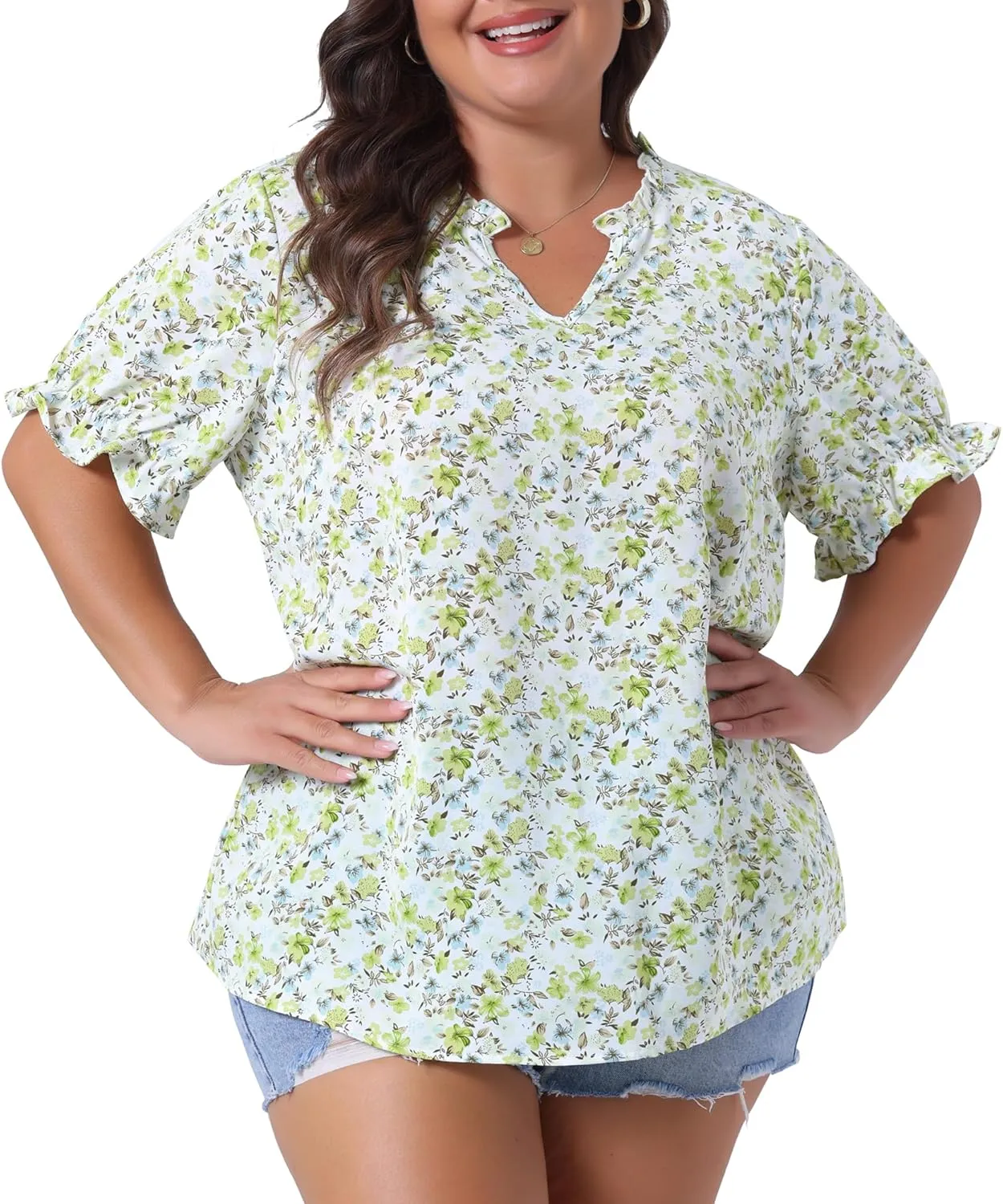 Agnes Orinda Plus Size Summer Tops for Women Floral V Neck Ruffle Puff Short Sleeve Casual Blouse