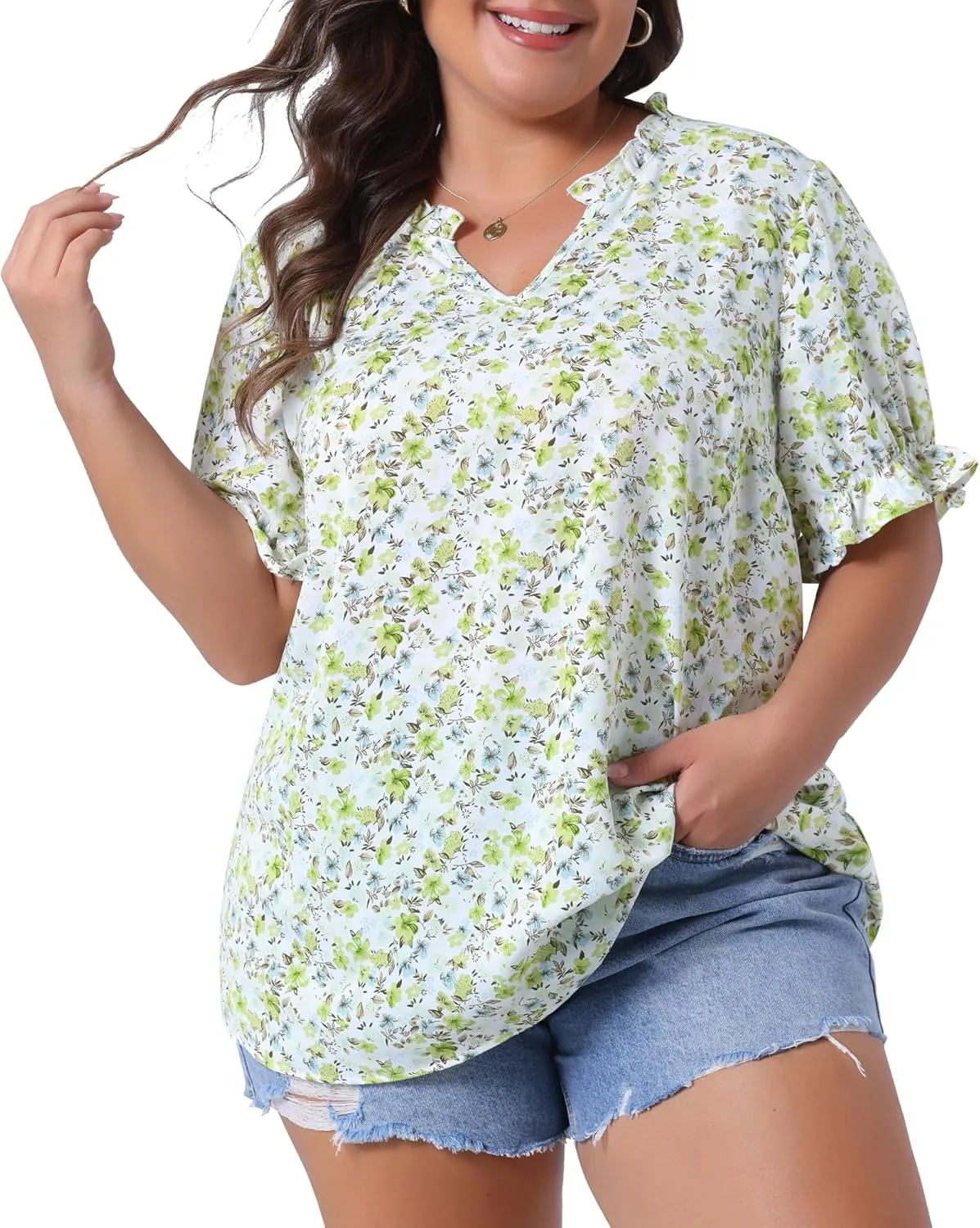 Agnes Orinda Plus Size Summer Tops for Women Floral V Neck Ruffle Puff Short Sleeve Casual Blouse