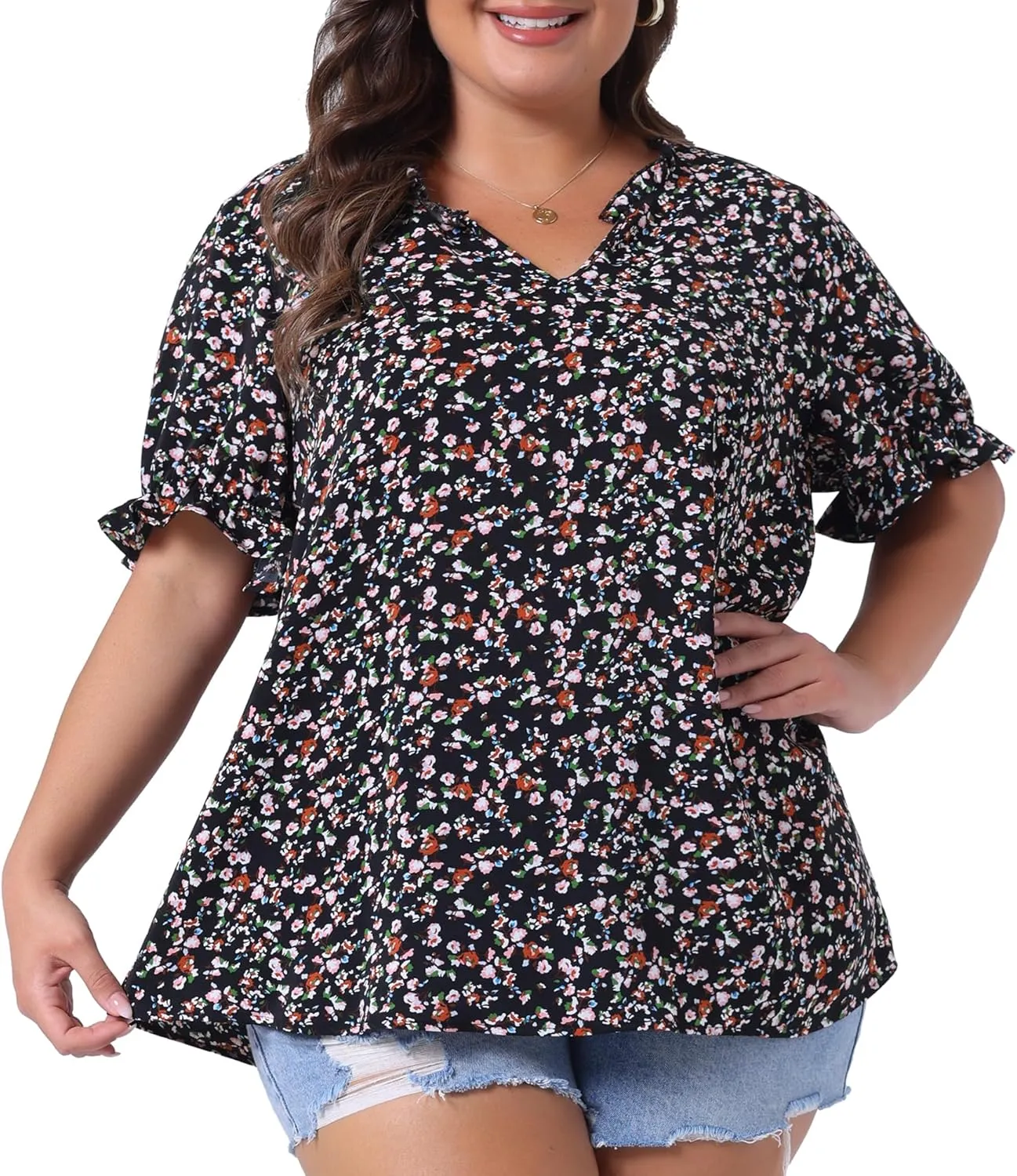 Agnes Orinda Plus Size Summer Tops for Women Floral V Neck Ruffle Puff Short Sleeve Casual Blouse