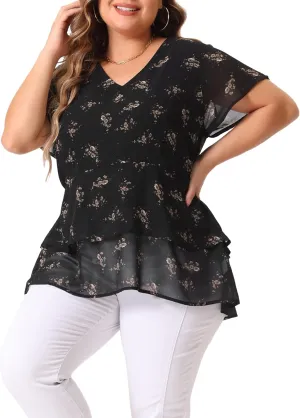 Agnes Orinda Summer Tops for Women 2024 Plus Size V Neck Short Sleeve Layered Casual Floral Blouse
